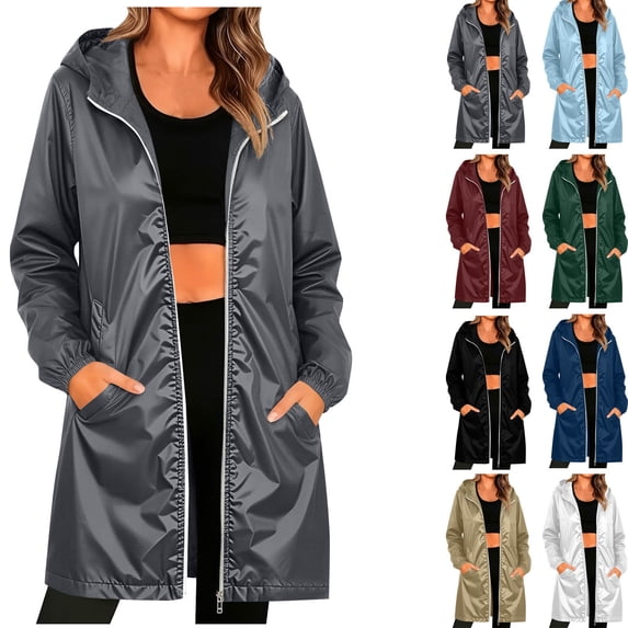 Tqcoqu Women's Waterproof Windproof Hooded Full Zip Long Length Rain Jacket with Pockets,Army Green Women's S-XXL