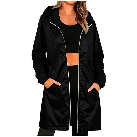 Tqcoqu Women's Waterproof Windproof Hooded Full Zip Long Length Rain Jacket with Pockets,Black Women's S-XXL