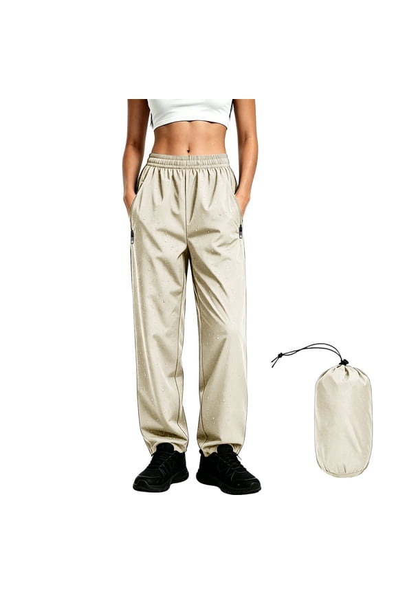 Women's Waterproof Windproof Outdoor Hiking Pants,Packable Elastic Waist Breathable Biker Pants with Zipper Pockets,Beige Women's S-XXXL