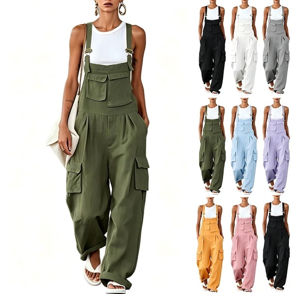 Tqcoqu Women's Wide Leg Cargo Overalls Multi Pockets,Adjustable Straps Casual Long Jumpsuit,Army Green Women's S-XXL