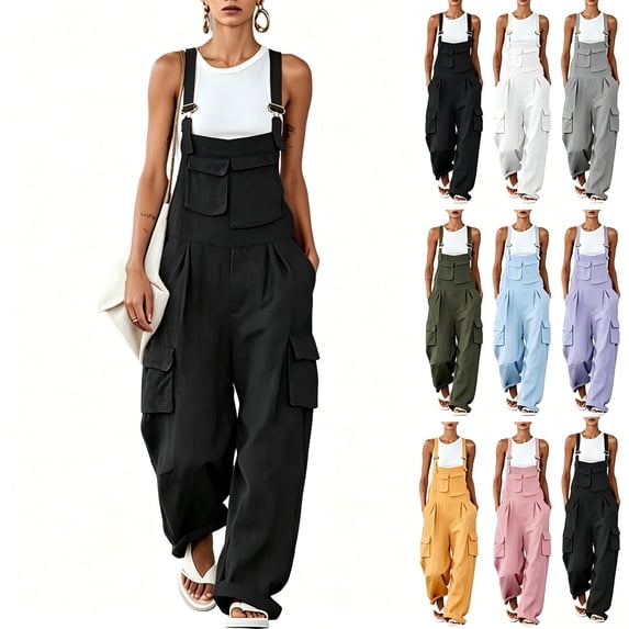 Tqcoqu Women's Wide Leg Cargo Overalls Multi Pockets,Adjustable Straps Casual Long Jumpsuit,Black Women's S-XXL