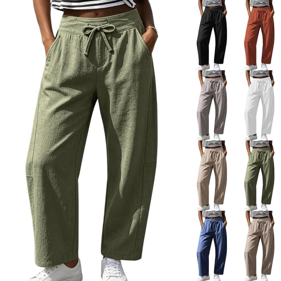 Tqcoqu Women's Wide Leg Casual Pants with Pockets,Linen Blend Elastic Drawstring Waist Cropped Loose Pants,Army Green Women's S-XXL