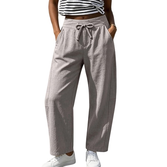 Tqcoqu Women's Wide Leg Casual Pants with Pockets,Linen Blend Elastic Drawstring Waist Cropped Loose Pants,Gray Women's S-XXL