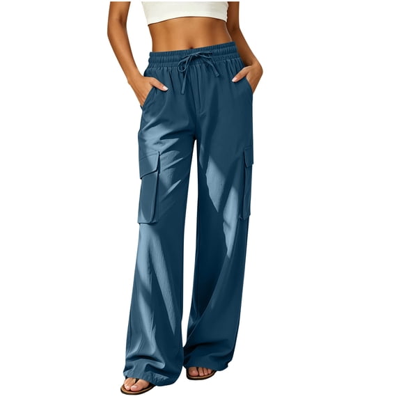 Tqcoqu Women's Wide Leg Elastic Waist Cargo Pants,Solid Drawstring Outdoor Hiking Casual Trousers With Multi Pockets