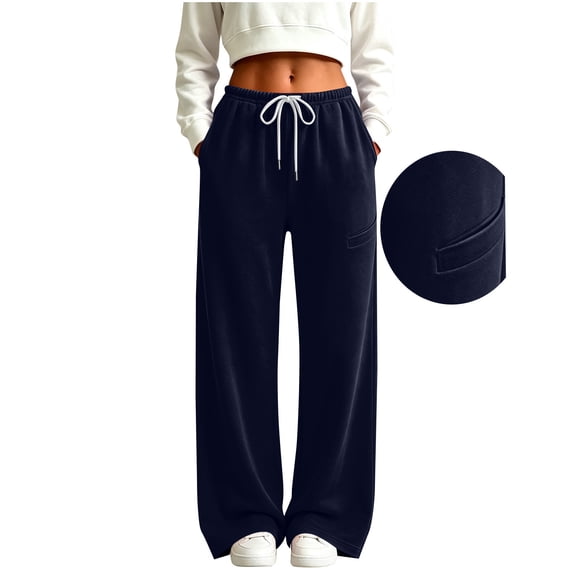 Tqcoqu Women's Wide Leg High Waist Sweatpants, Casual Straight Leg Drawstring Elastic Waist Long Jogger Pants with Pockets For Winter