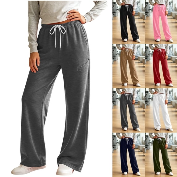 Tqcoqu Women's Wide Leg High Waist Sweatpants, Casual Straight Leg Drawstring Elastic Waist Long Jogger Pants with Pockets For Winter