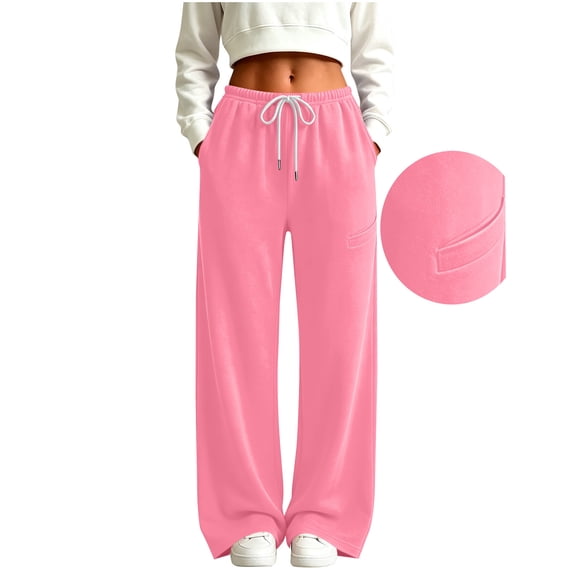 Tqcoqu Women's Wide Leg High Waist Sweatpants, Casual Straight Leg Drawstring Elastic Waist Long Jogger Pants with Pockets For Winter