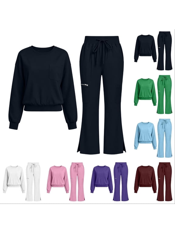 Women's Winter 4 Pocket Scrub Set, Long Sleeve Crew Neck Top and Drawstring Split Hem Flare Pants Uniform Outfit,Women's,Size S-XXL