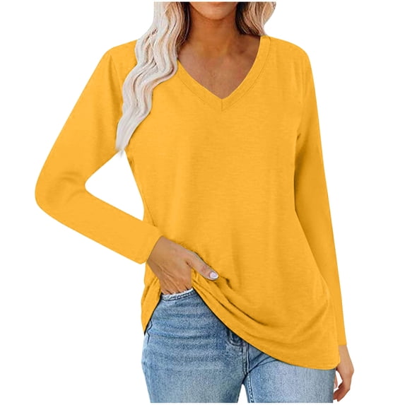 Tqcoqu Womens 2026 Fall Long Sleeve Shirts,Basic Apparel Plus Size Shirts Trendy V Neck Tshirt for Women Curved Hem Tops,Yellow Women's S-XXXXXL