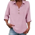 thumbnail image 1 of Tqcoqu Womens 3/4 Sleeve Tops Dressy Casual Lapel Collar V Neck Button Up Cotton Linen Shirts Summer Beach Vacation Clothes,Pink Women's S-XXXL, 1 of 6
