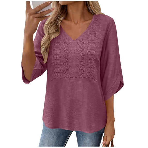 Tqcoqu Womens 3/4 Sleeve Tops Embroidered Lace Blouses Boho Shirt, V Neck Casual Loose Fit Vacation Beach Business Casual Outfits