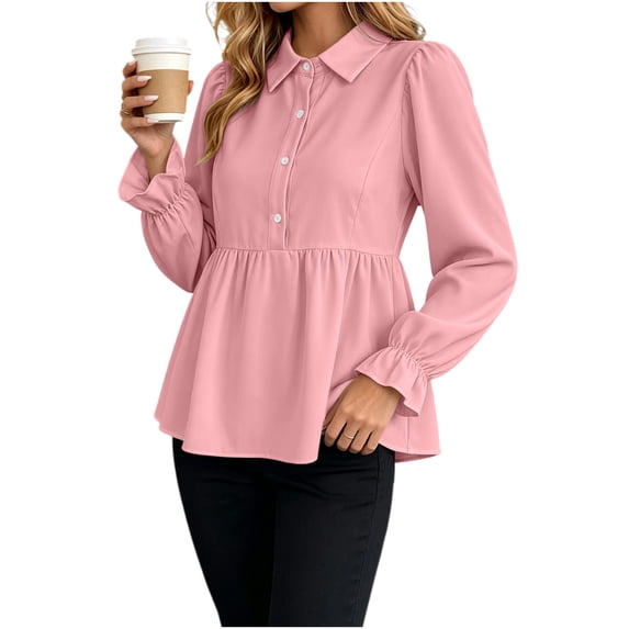Tqcoqu Womens Babydoll Peplum Tops Button Up Business Casual Blouse Shirt, Tummy Control Dressy Casual Going Out Blouses,Women's,Size S-XXL