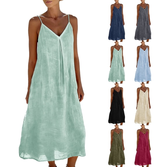 Tqcoqu Womens Backless Cami Dress Spaghetti Strap Sleeveless Flowy Linen Maxi Dress Summer Beach Vacation Sundress,Army Green,Women's S-XXL