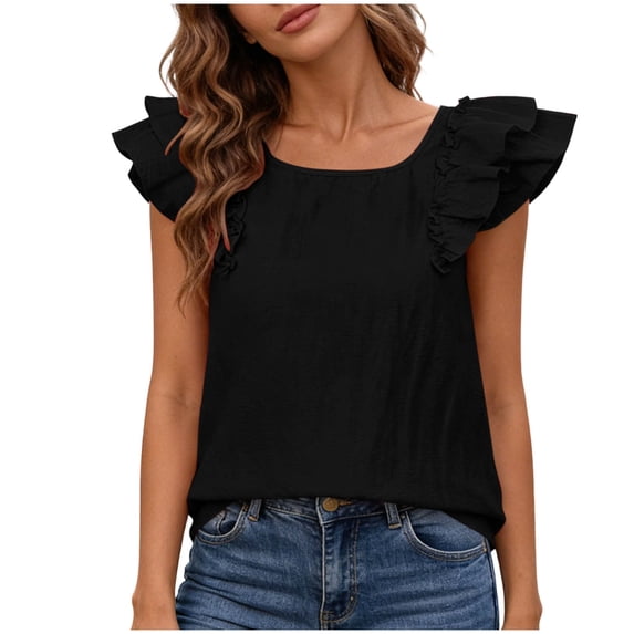 Tqcoqu Womens Bow Tie Back Tops Round Neck Ruffle Short Sleeve Shirts Elegant Chiffon Tee Summer Trendy Tunic,Black,Women's S-XL