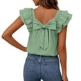 thumbnail image 1 of Tqcoqu Womens Bow Tie Back Tops Round Neck Ruffle Short Sleeve Shirts Elegant Chiffon Tee Summer Trendy Tunic,Green,Women's S-XL, 1 of 7