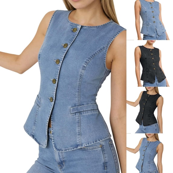 Tqcoqu Womens Button Down Denim Vest Tops, Sleeveless Fitted Jean Tank Tops Summer Trendy Casual Waistcoat