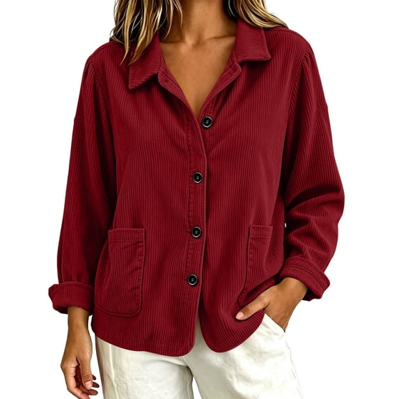 Tqcoqu Womens Button Front Corduroy Jacket, Solid Lapel Collar Long Sleeve Open Shirt Coat with Pockets, 2026 Fall Trendy Clothes
