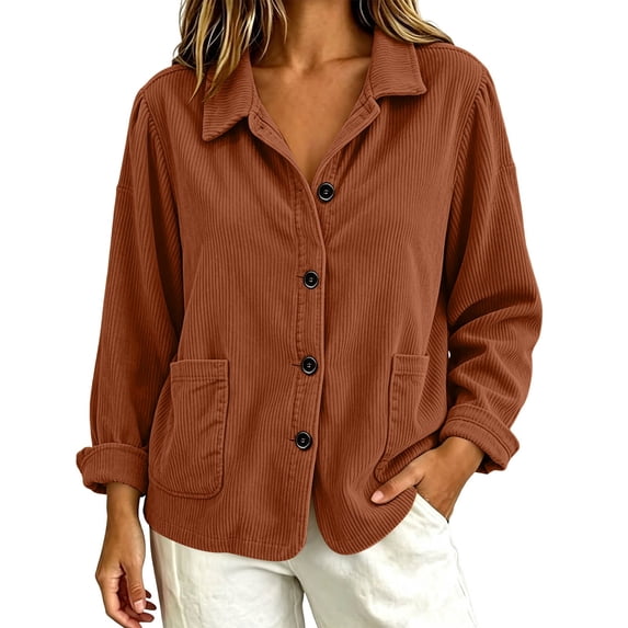 Tqcoqu Womens Button Front Corduroy Jacket, Solid Lapel Collar Long Sleeve Open Shirt Coat with Pockets, 2026 Fall Trendy Clothes