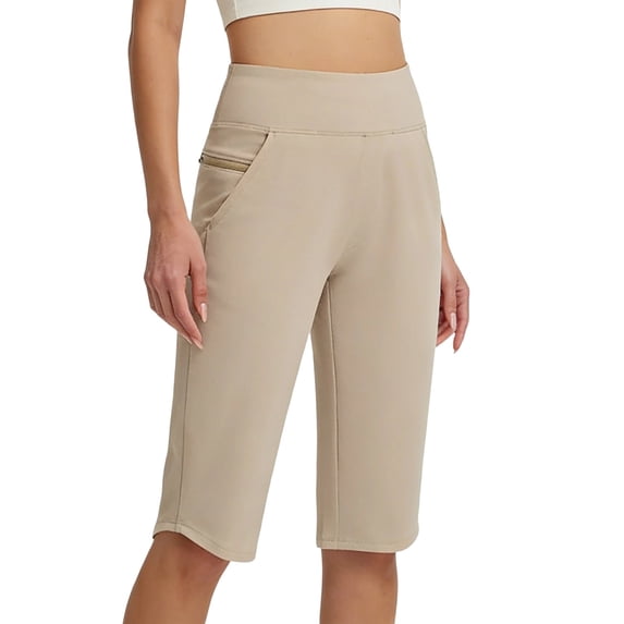 Tqcoqu Womens Capri Pants High Waisted Straight Leg Yoga Leggings with Pockets Workout Summer Pants,Khaki,Women's S-XXXL