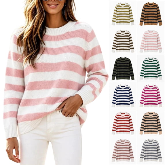 Tqcoqu Womens Color Block Striped Sweater Fall 2026 Pullover Knit Tops, Ribbed Crew Neck Lightweight Loose Fit Trendy Clothes,Women's,S-XXXL