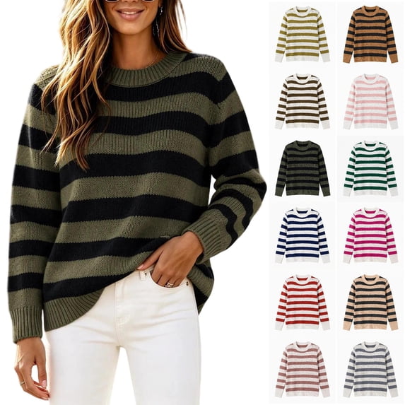 Tqcoqu Womens Color Block Striped Sweater Fall 2026 Pullover Knit Tops, Ribbed Crew Neck Lightweight Loose Fit Trendy Clothes,Women's,S-XXXL