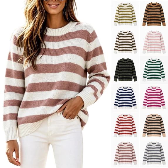 Tqcoqu Womens Color Block Striped Sweater Fall 2026 Pullover Knit Tops, Ribbed Crew Neck Lightweight Loose Fit Trendy Clothes,Women's,S-XXXL