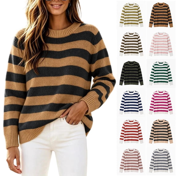 Tqcoqu Womens Color Block Striped Sweater Fall 2026 Pullover Knit Tops, Ribbed Crew Neck Lightweight Loose Fit Trendy Clothes,Women's,S-XXXL
