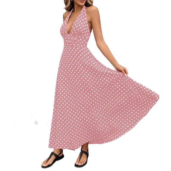 Tqcoqu Womens Deep V-Neck Polka Dot Print Halter Boho Long Maxi Dresses,Pink Women's S-XXL