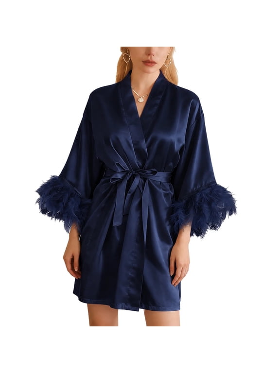 Womens Elegant Short Satin Robe with Feather Decorated Sleeves Open Front Nightgown,Women's,Size M-XXL