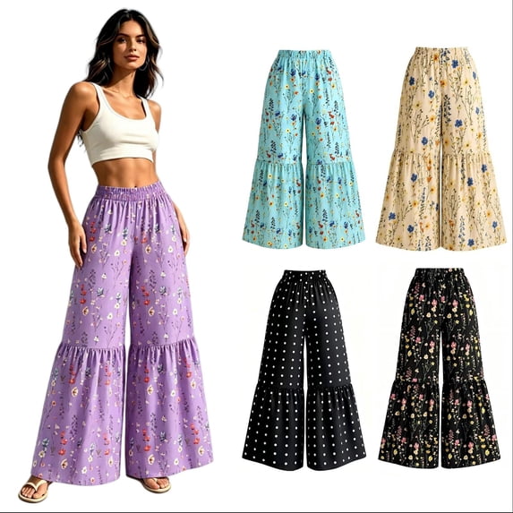 Tqcoqu Womens Floral Wide Leg Palazzo Pants, High Waist Boho Lightweight Pants for Casual, Beach & Vacation Wear,Women's Size XS-XXL