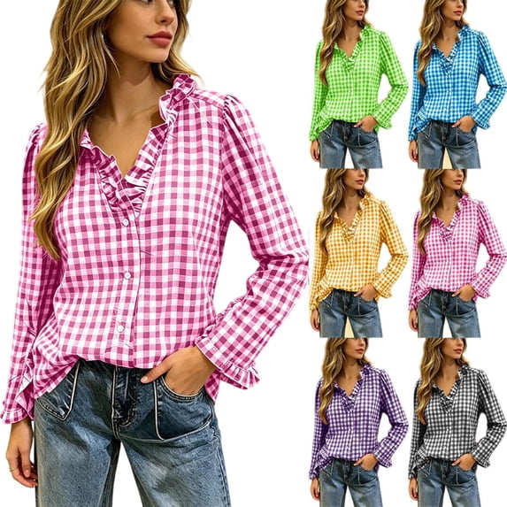 Tqcoqu Womens Gingham Plaid Blouse,Ruffled V Neck Puff Long Sleeve Button Down Casual Shirt,2026 Trendy Casual Clothes