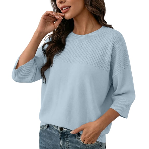 Tqcoqu Womens Half Sleeve Tops Casual Trendy Sweaters Crewneck Cropped Sweater Knit Tops,Light Blue,Women's S-XXL