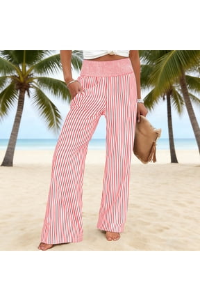 Womens High Waisted Pants Casual Wide Leg Palazzo Striped Pants with Pockets,Red,Women's S-XXXL