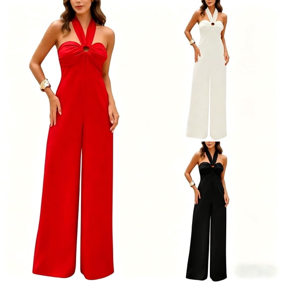 Tqcoqu Womens Jumpsuits Backless Lace Up Halter High Waist Straight Leg Pants One Piece Outfits,Black,Women's S-XL