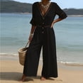 thumbnail image 1 of Tqcoqu Womens Linen Wide Leg Jumpsuit V Neck Lace Trim Button Front Summer Beach Jumpsuit,Black,Women's S-XXL, 1 of 9