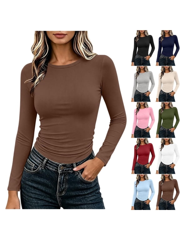 Womens Long Sleeve Shirts Fitted Going Out Tops Basic Tee Casual Work Clothes Trendy Fall Outfits