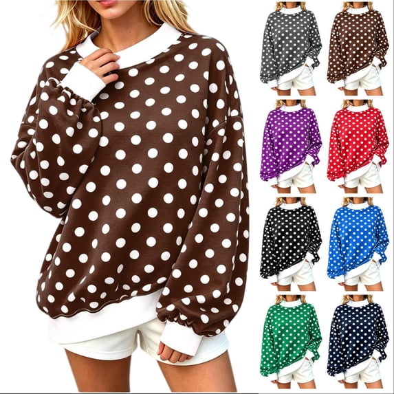 Tqcoqu Womens Mock Neck Sweatshirts Oversized Pullover Fall Outfits, Polka Dot Contrast Trim Long Sleeve Casual Loose Pullover Top