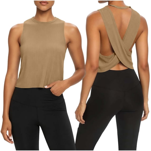 Tqcoqu Womens Open Back Workout Shirts Cropped Yoga Tank Tops Backless Athletic Clothes,Khaki Women's S-XXL
