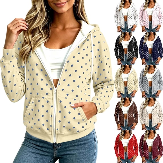 Tqcoqu Womens Oversized Zip Up Hoodies, Y2K Fall Polka Dot Print Sweatshirts 2026, Fashion Lightweight Casual Jacket for Everyday Layering and Travel Clothes,Women's S-XXL