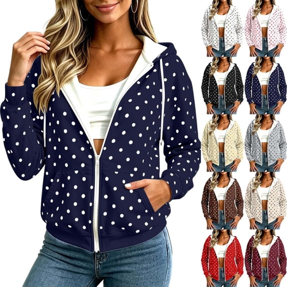 Tqcoqu Womens Oversized Zip Up Hoodies, Y2K Fall Polka Dot Print Sweatshirts 2026, Fashion Lightweight Casual Jacket for Everyday Layering and Travel Clothes,Women's S-XXL