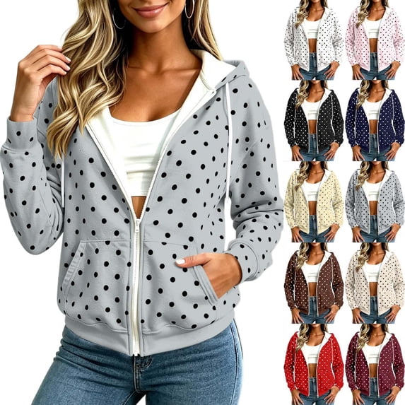 Tqcoqu Womens Oversized Zip Up Hoodies, Y2K Fall Polka Dot Print Sweatshirts 2026, Fashion Lightweight Casual Jacket for Everyday Layering and Travel Clothes,Women's S-XXL