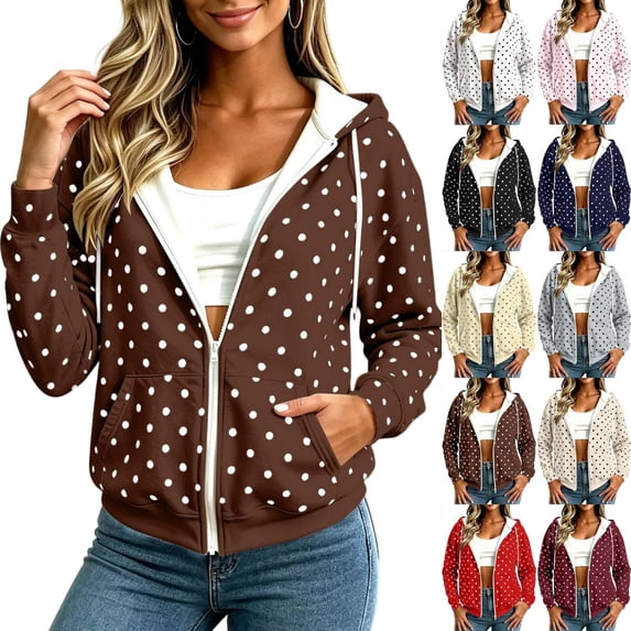 Tqcoqu Womens Oversized Zip Up Hoodies, Y2K Fall Polka Dot Print Sweatshirts 2026, Fashion Lightweight Casual Jacket for Everyday Layering and Travel Clothes,Women's S-XXL