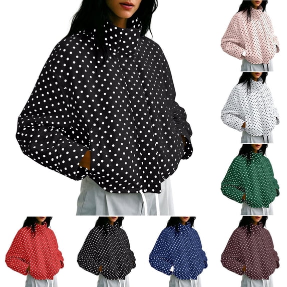 Tqcoqu Womens Polka Dot Zip Up Cropped Jackets, Lightweight Stand Collar Casual Trendy Fall Spring Outfits,Women's,Size S-XXL
