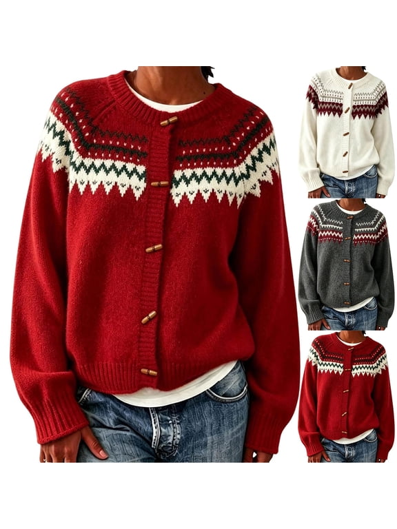 Womens Round Neck Geometric Fair Isle Pattern Long Sleeve Toggle Button Knit Cardigan Sweater Coat,Women's,S-XXXL