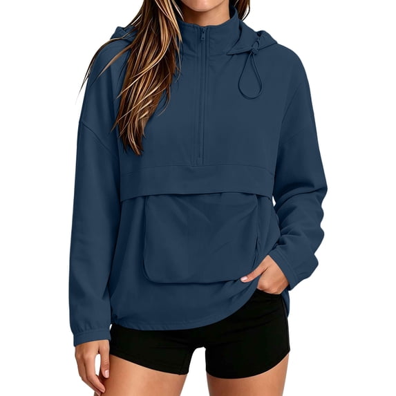 Tqcoqu Womens Solid Color Half Zip Hooded Jacket, Lightweight Long Sleeve Pullover Anorak Windbreaker with Pocket & Drawstring