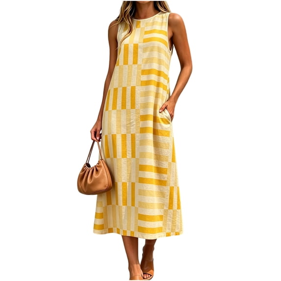 Tqcoqu Womens Summer Boho A-Line Maxi Dress Casual Color Block Sundress Sleeveless Beach Vacation Coverups