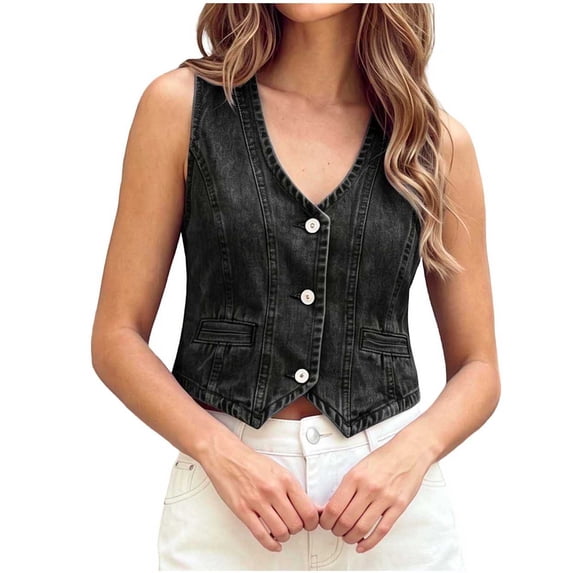 Tqcoqu Womens Summer Cropped Denim Vest, V-Neck Crop Western Jean Vest Top for Women Country Trendy Outfits
