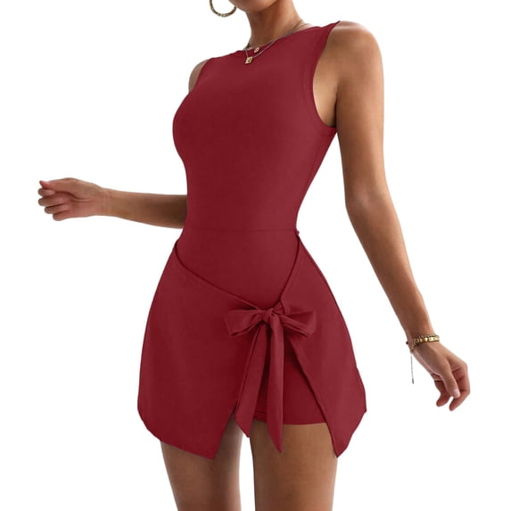 Tqcoqu Womens Summer Dresses Sleeveless Crew Neck 2 in 1 Mini Dresses Casual Bodycon Athletic Workout Trendy Yoga Dresses,Red,Women's S-XL