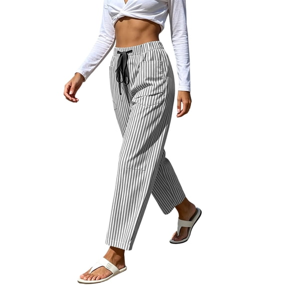 Tqcoqu Womens Summer Faux Linen Striped Barrel Pants,Comfy Drawstring Pant with Pockets,Beach Vacation Lounge Trousers