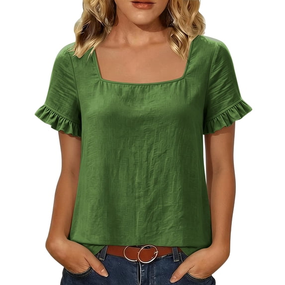 Tqcoqu Womens Summer Peplum Tops,Sqaure Neck Ruffle Sleeve Blouses Fit Flowy Shirts,Green Women's S-XXXL